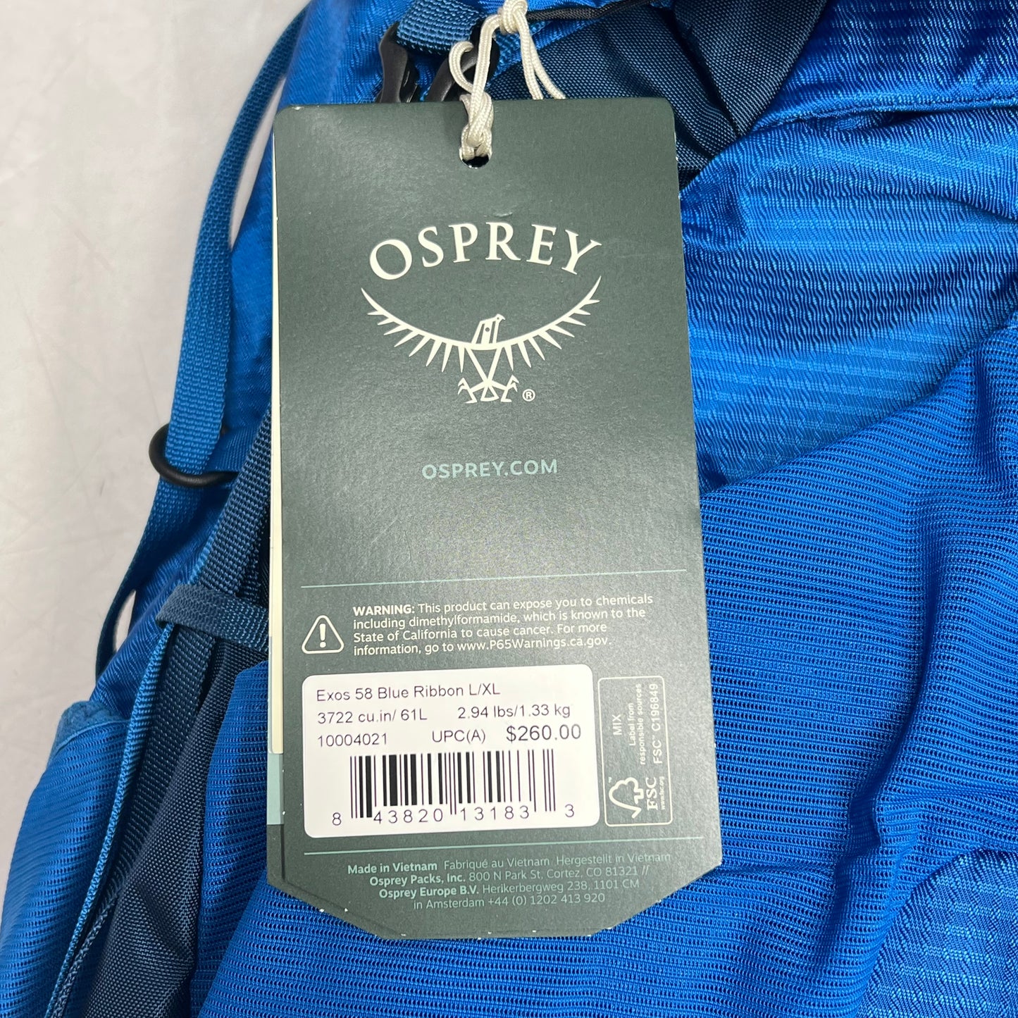 OSPREY Exos 58 Backpack Comfort Pack Men's Sz L/XL 61L Blue Ribbon 10004021