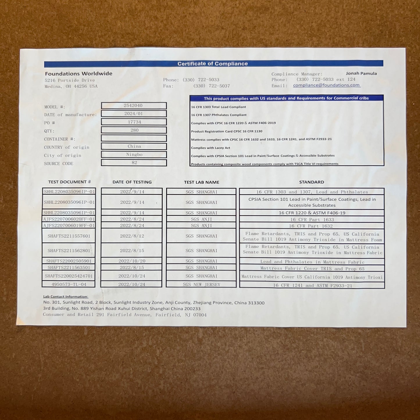 FOUNDATIONS Compact Crib Sz 39"L x 25.5"W x 42"H Light Brown 2542040