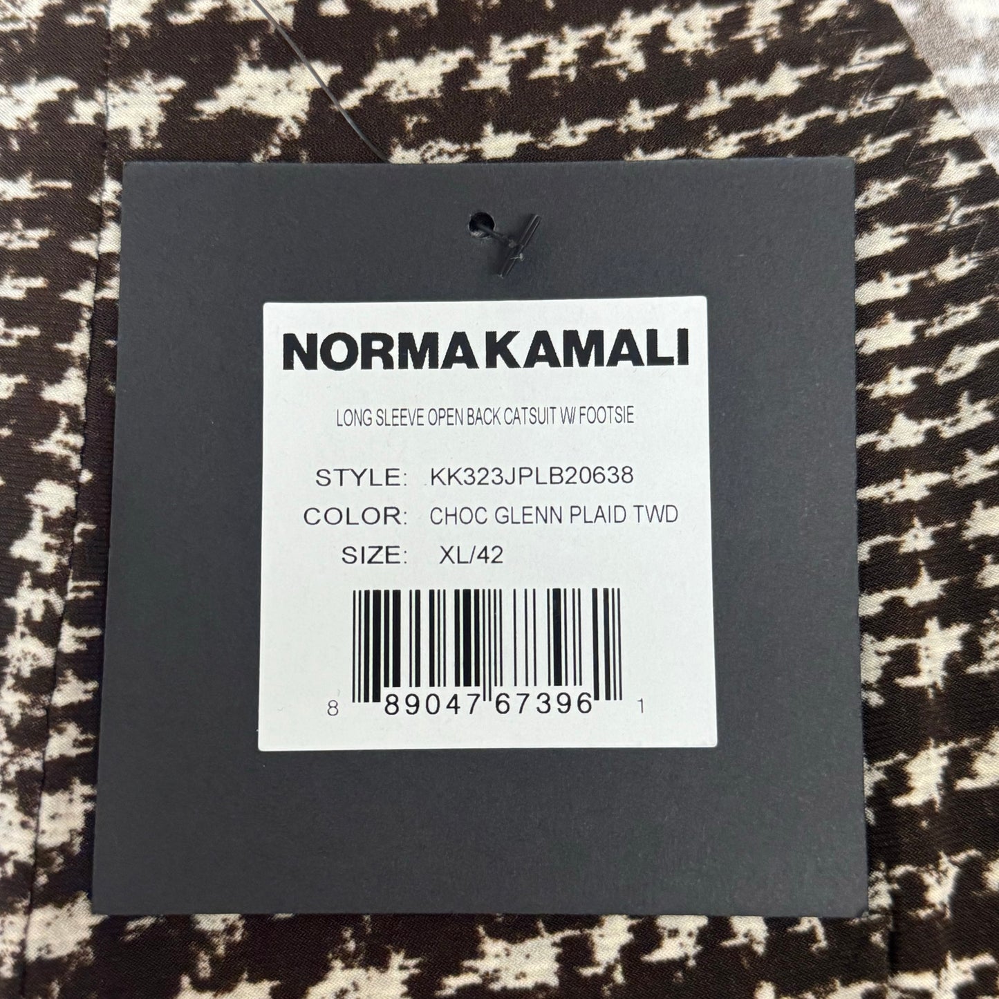 NORMA KAMALI Sleeve Open Back Catsuit Footsie Women's Sz XL/42 Chocolate Plaid