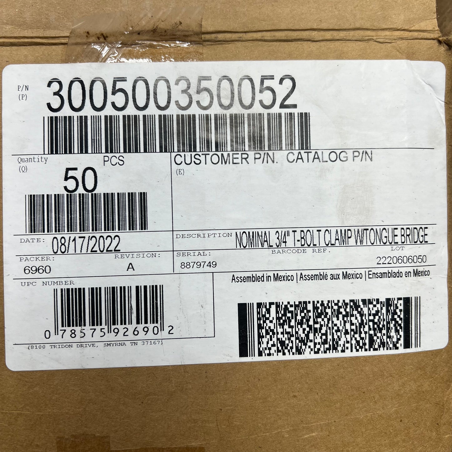 IDEAL TRIDON (2 PACK) S S Nominal T-Bolt Clamp w/ Tongue Bridge 3/4" N0350