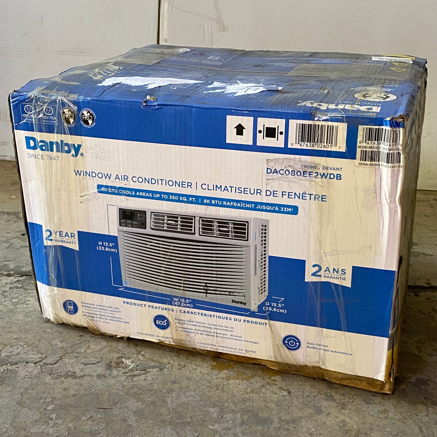 DANBY 8K BTU Window Air Conditioner With Remote 350 Sq Ft 18 1/2"W x 13 1/2"H x 15 1/2"D White DAC080EE2WDB