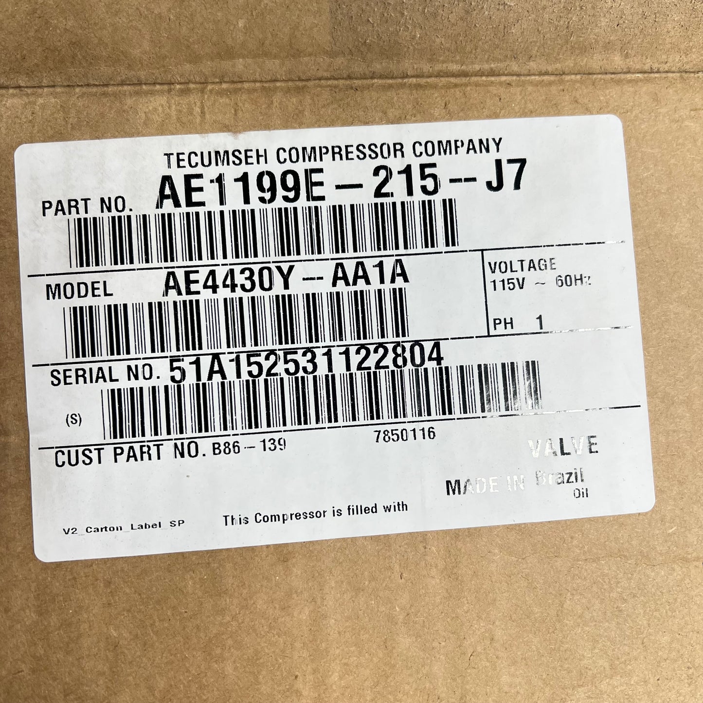 TECUMSEH Compressor High Start Torque 1/4 HP 115V 1PH 60Hz AE1199E-215-J7