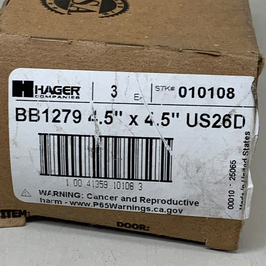 HAGER (3 Pack) Hinge 5 Knuckle Steel 4.5"x4.5" Satin Chrome BB1279