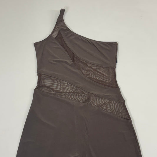 NORMA KAMALI One Shoulder Snake Mesh Catsuit Footsie Women's Sz M/38 Chocolate