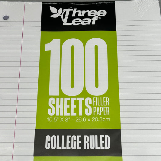THREE LEAF (36 PACK) Filler Paper College Ruled 100 Count 10.5" x 8" (New)