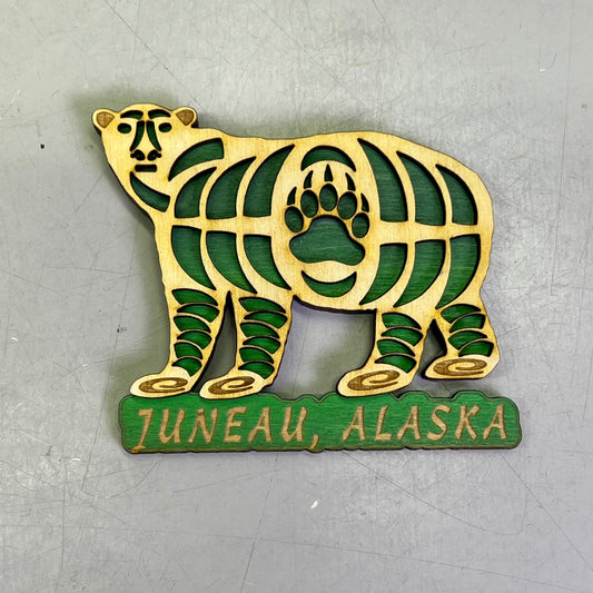 (2 PACK) Grizzly Bear & Paw Lasered Wood Magnet Souvenir JUNEAU, AK Made In USA