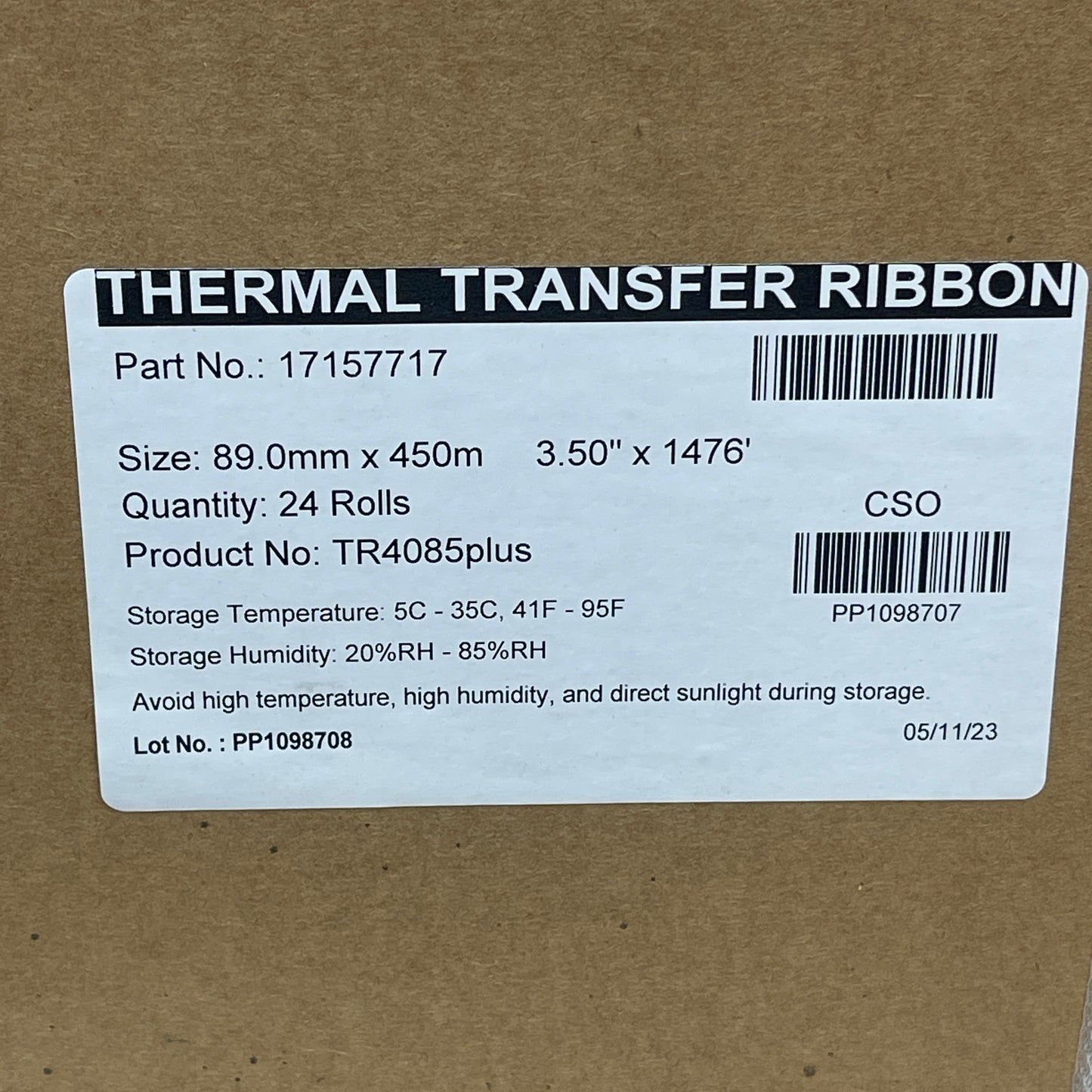Thermal Transfer Ribbon (24 PACK) for ZEBRA 3.50” x 1476” RB010533HTW
THRM-RB ZEBRA/PTNX 17157717