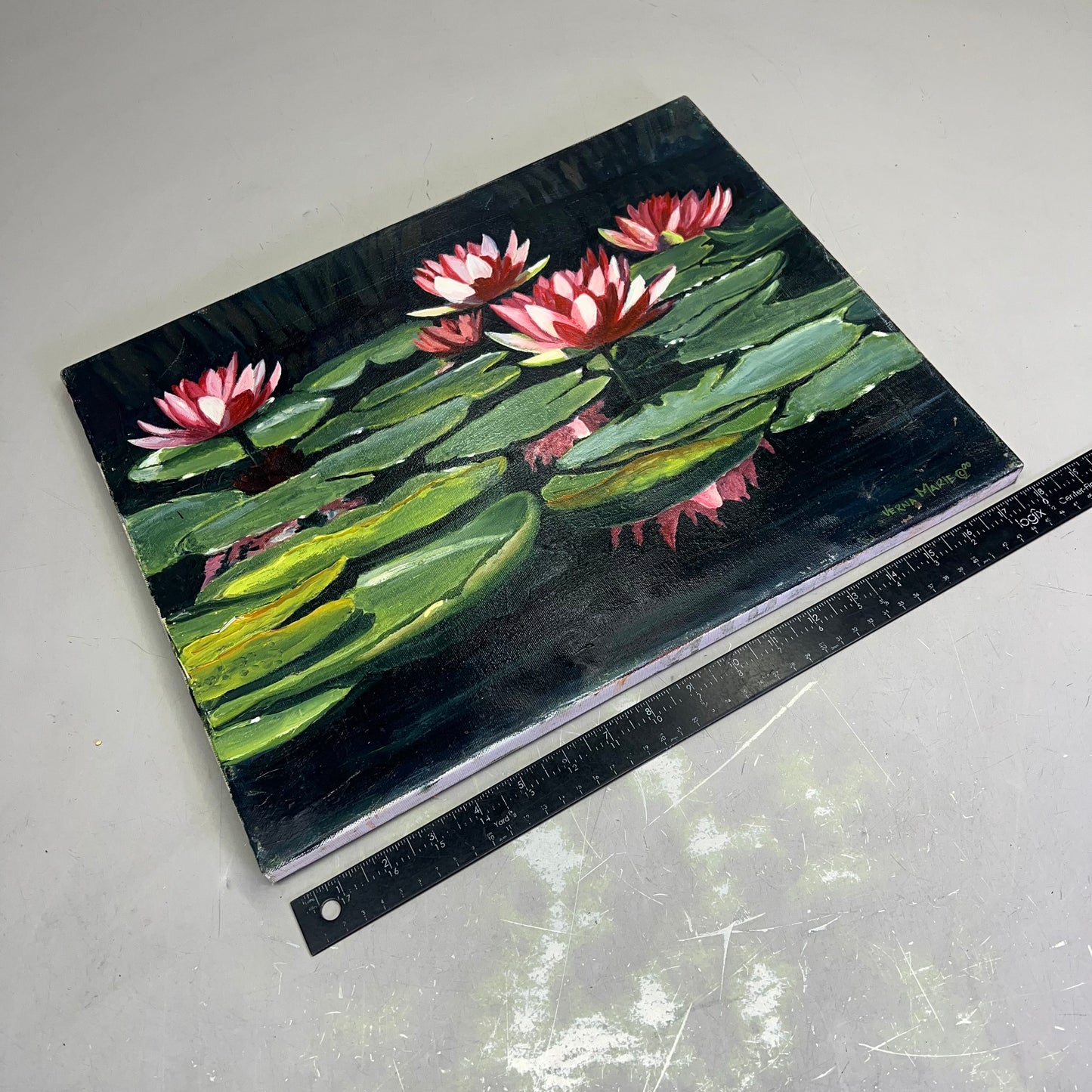 VERNA MARIE (CAMPBELL) Textured Oil Painting On Canvas Lotus Pond 18"x14"