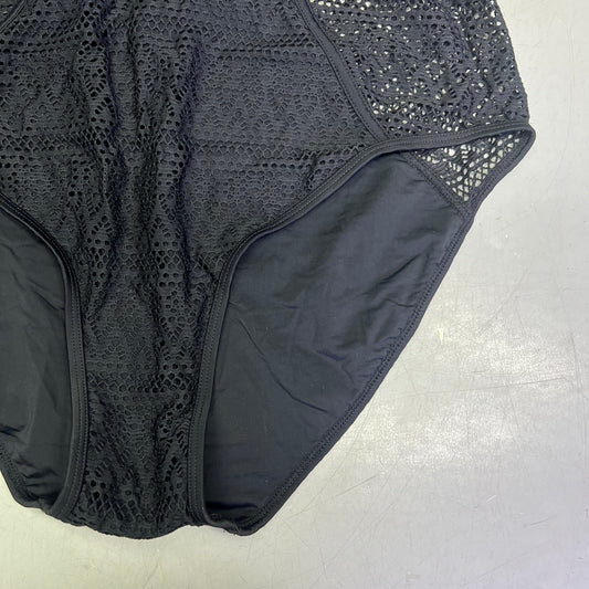 CHARMO Solid Cross Plunge Crochet One Piece Swimsuit Women's Sz M Black