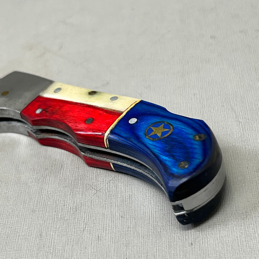 XROSSROADS Damascus Folding Pocket Knife(Locking) W/Sheath 6.5" Red/White/Blue