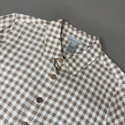 MULTIPLES Button-Up Plaid Shirt w/Cuff Petite Women's Sz PL Brown/Cream M44506BP