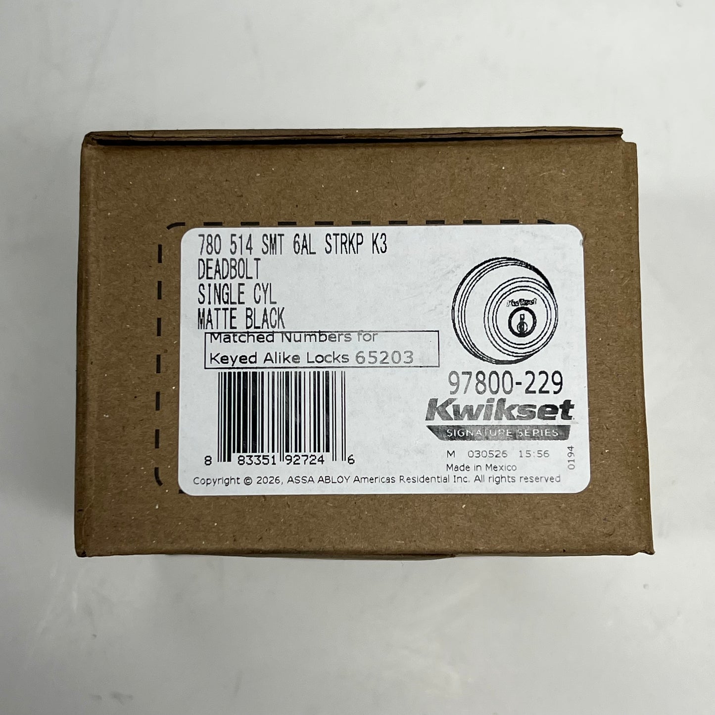 KWIKSET Single Cylinder Deadbolt Smartkey Security Matte Black 97800-229