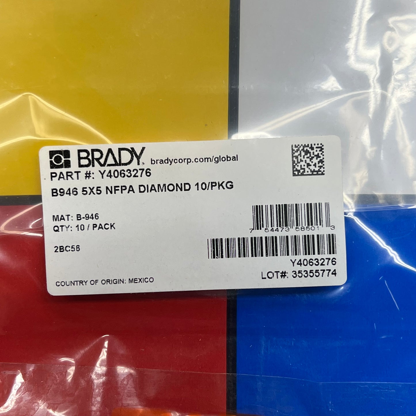 BRADY (10 PACK) Nfpa Diamond Label Pack 5X5 Yellow/White/ Red & Blue B|946
