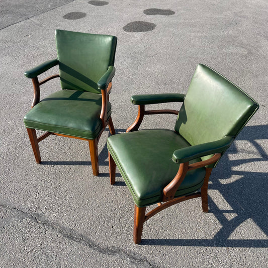 Z@ ANTIQUE Mid Century Modern/Post Art Deco Leather Chairs 34”x24”x24” Mahogany & Green