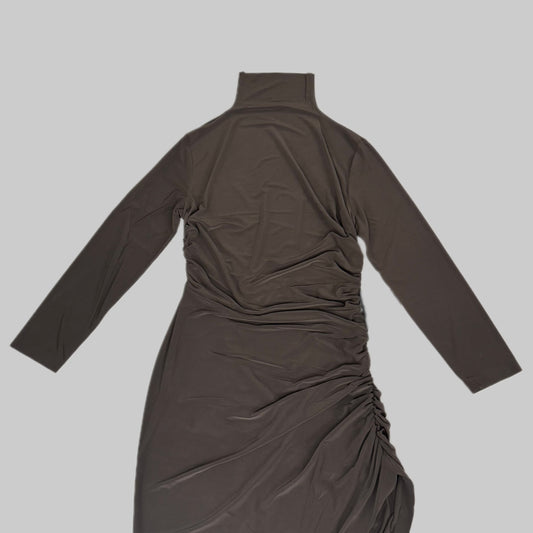 NORMA KAMALI Turtle Neck Ruched Side Drape Gown Unlined Women's XL/42 Chocolate