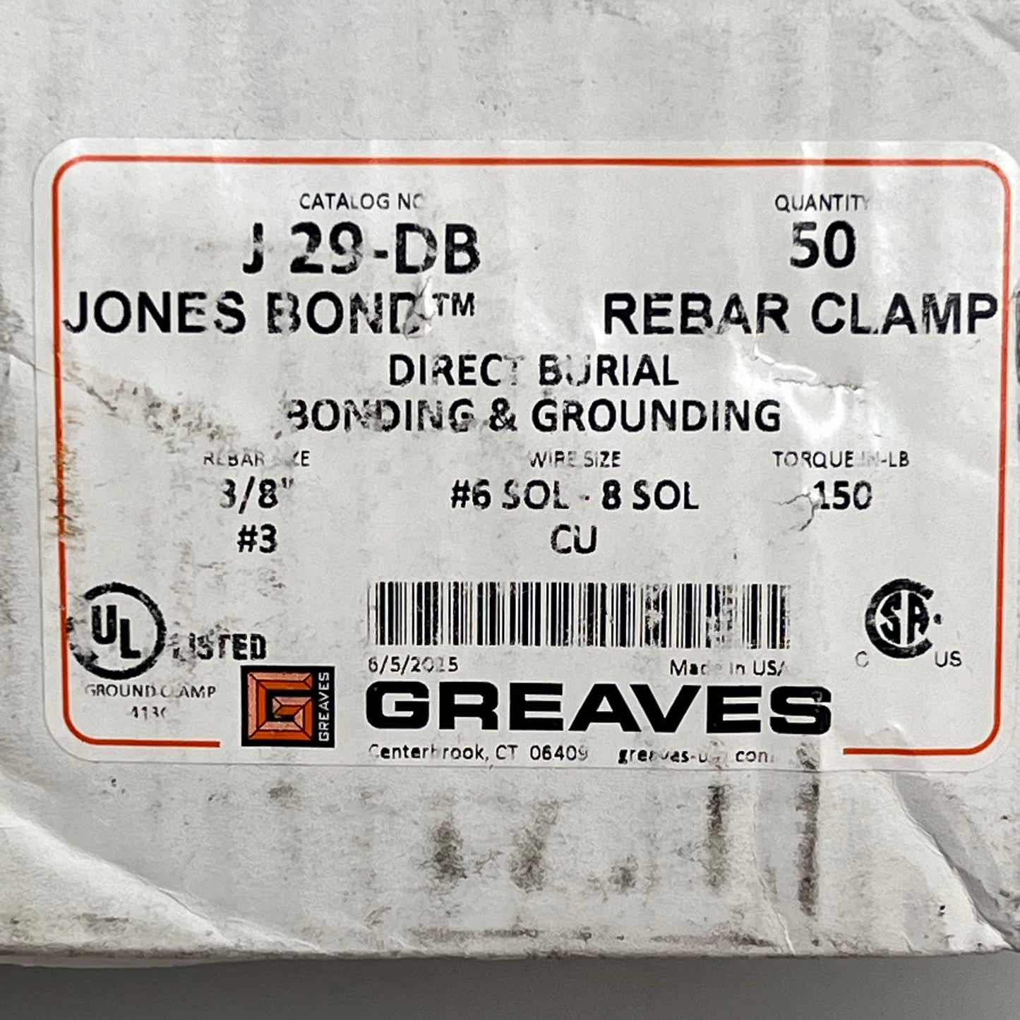 GREAVES (5 PACK) Jones Direct Burial Rebar Clamp Copper Only (#3) 3/8" J29-DB