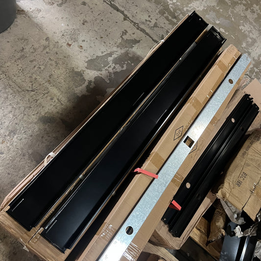 ZA@ Pallet of MIXED Assorted Retail Shelving Parts W/ Hardware Black/Crème/Silver (AS-IS)