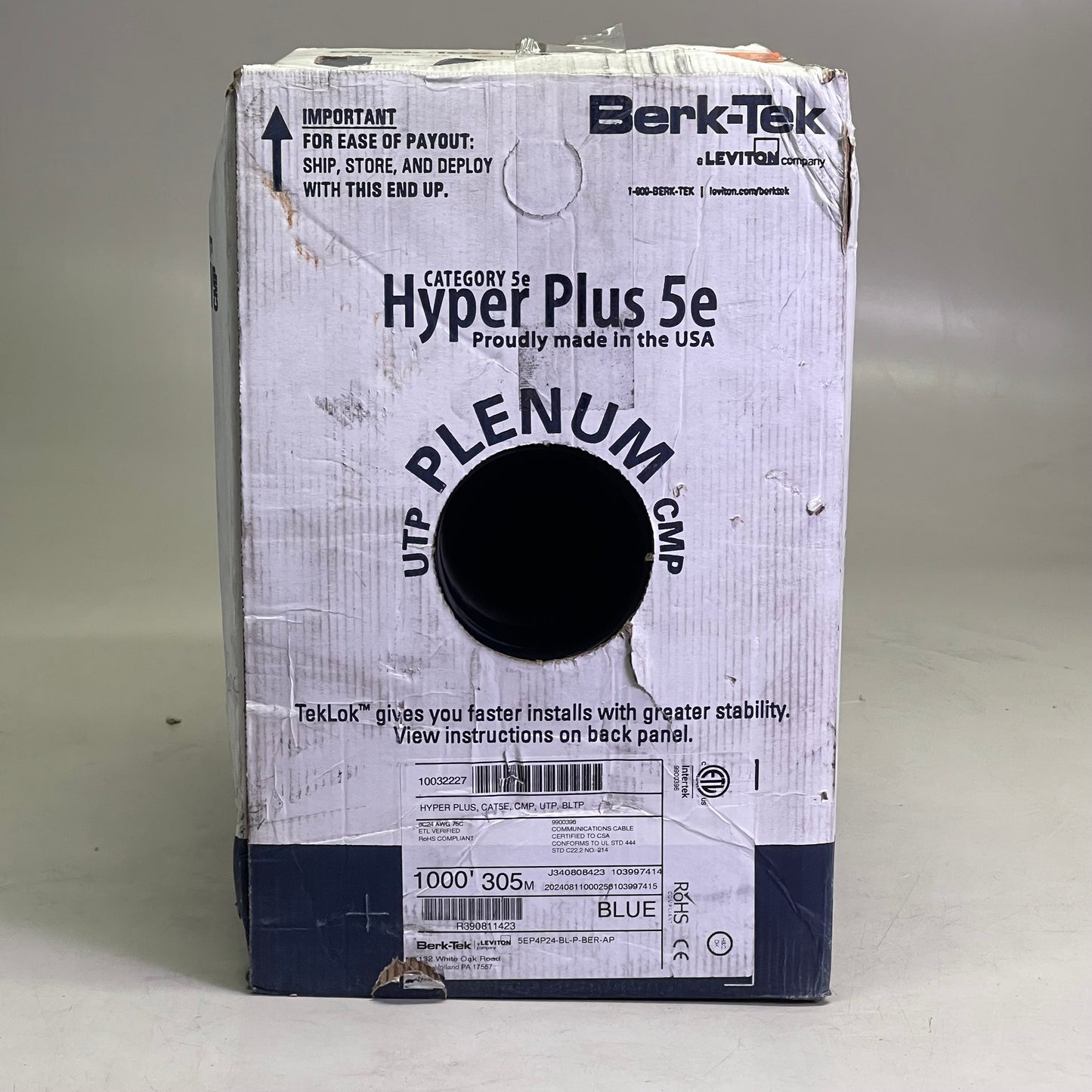 BERK-TEK Hyper Plus 5e Cat 5e UTP Cable 1000' Blue 10032227