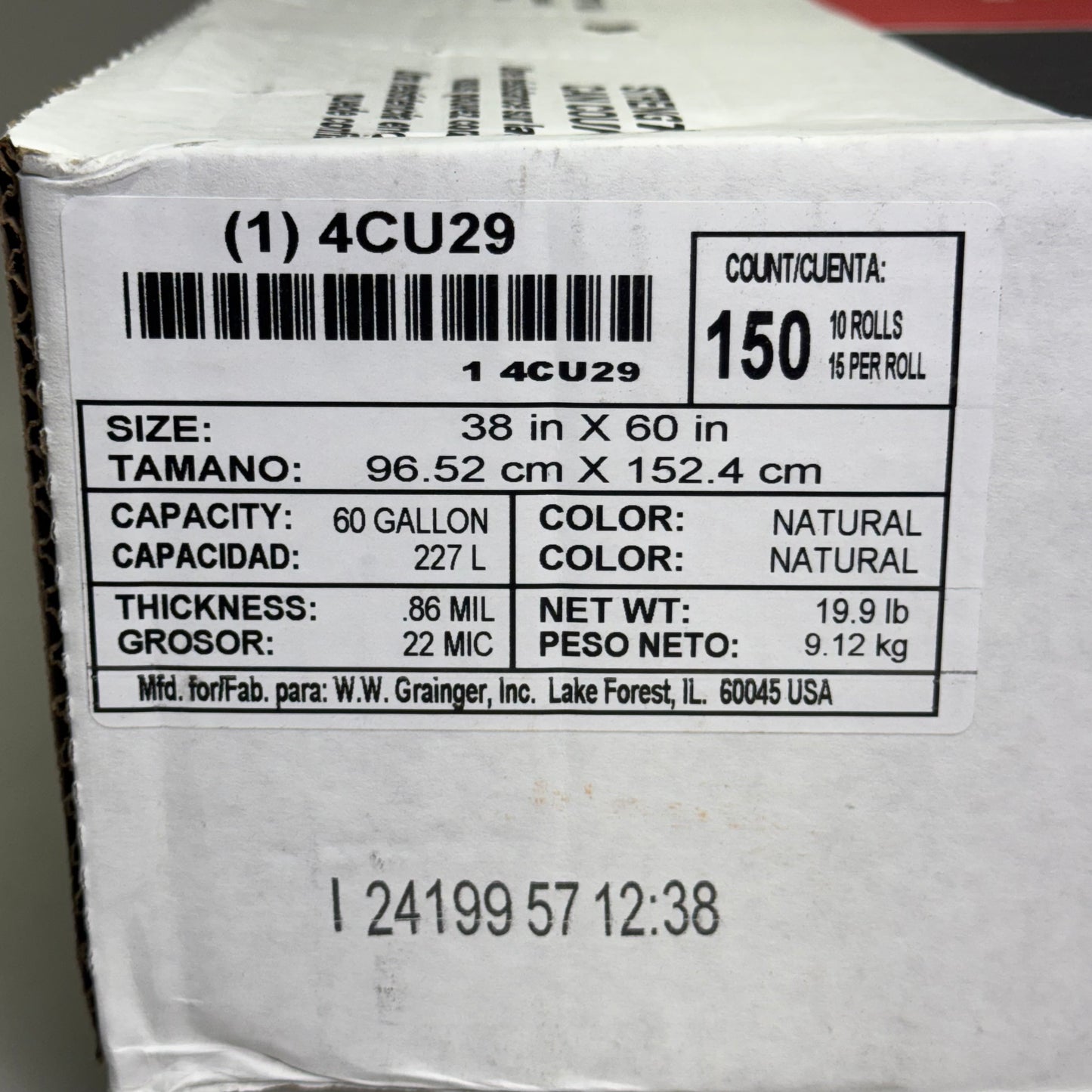GRAINGER (10 Rolls of 15 Bags) Trash Bags Capacity 227L Sz 38” x 60” 4CU29