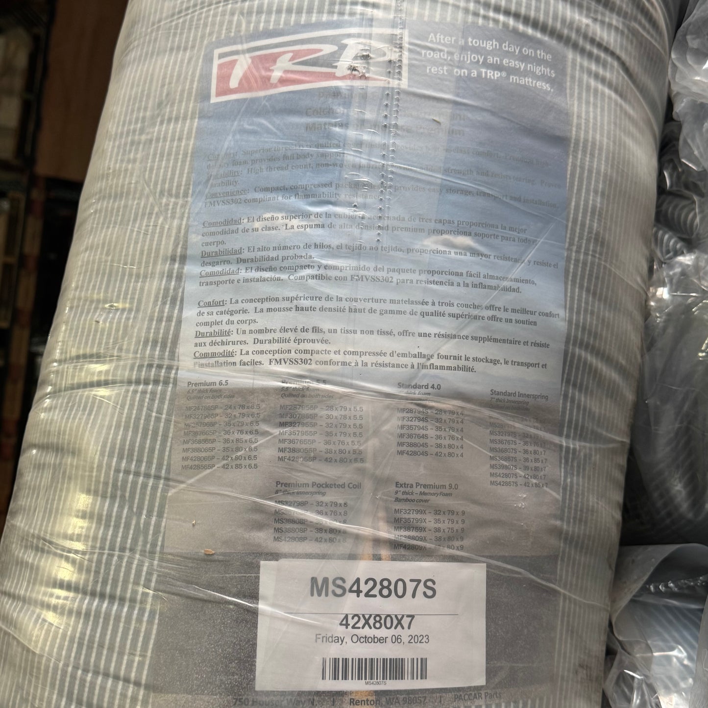 ZA@ TRP Foam Mattress for Semi Truck Sleeper 42 x 08 x 7 White MS42807S