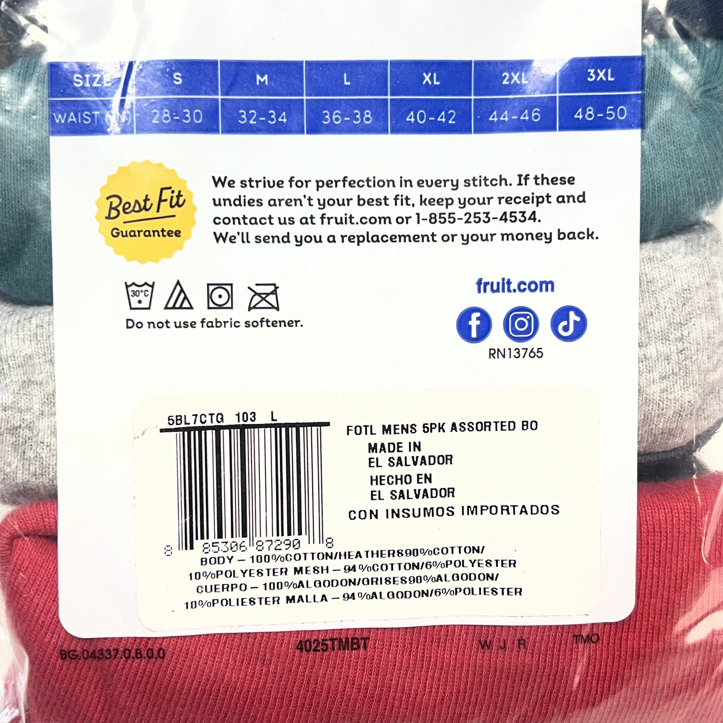 ZA@ FRUIT OF THE LOOM (5 PACK) Eversoft Breathable Fabric Briefs Men's Sz L Assorted Colors 5BL7CTQ