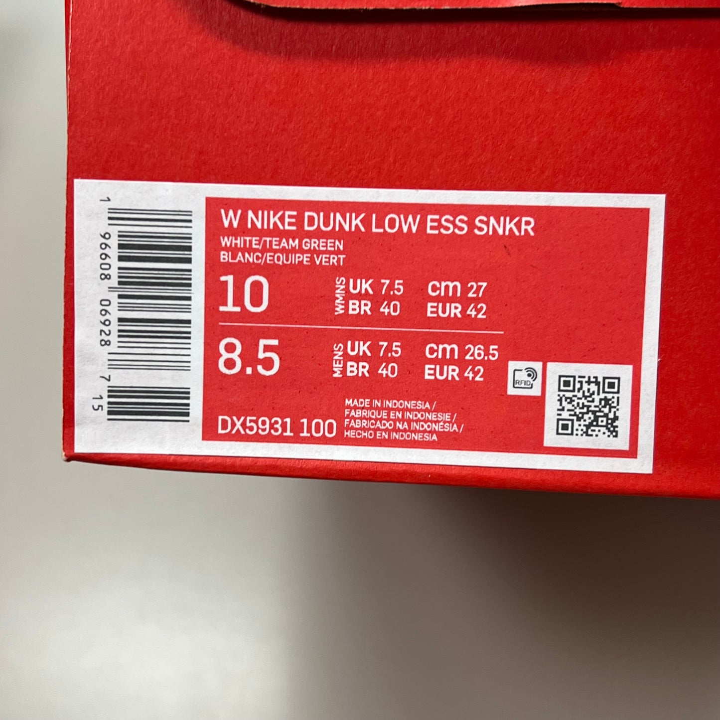 NIKE Dunk Low Satin ESS SNKR Sz Women's 10 Men's 8.5 White/Team Green DX5931100