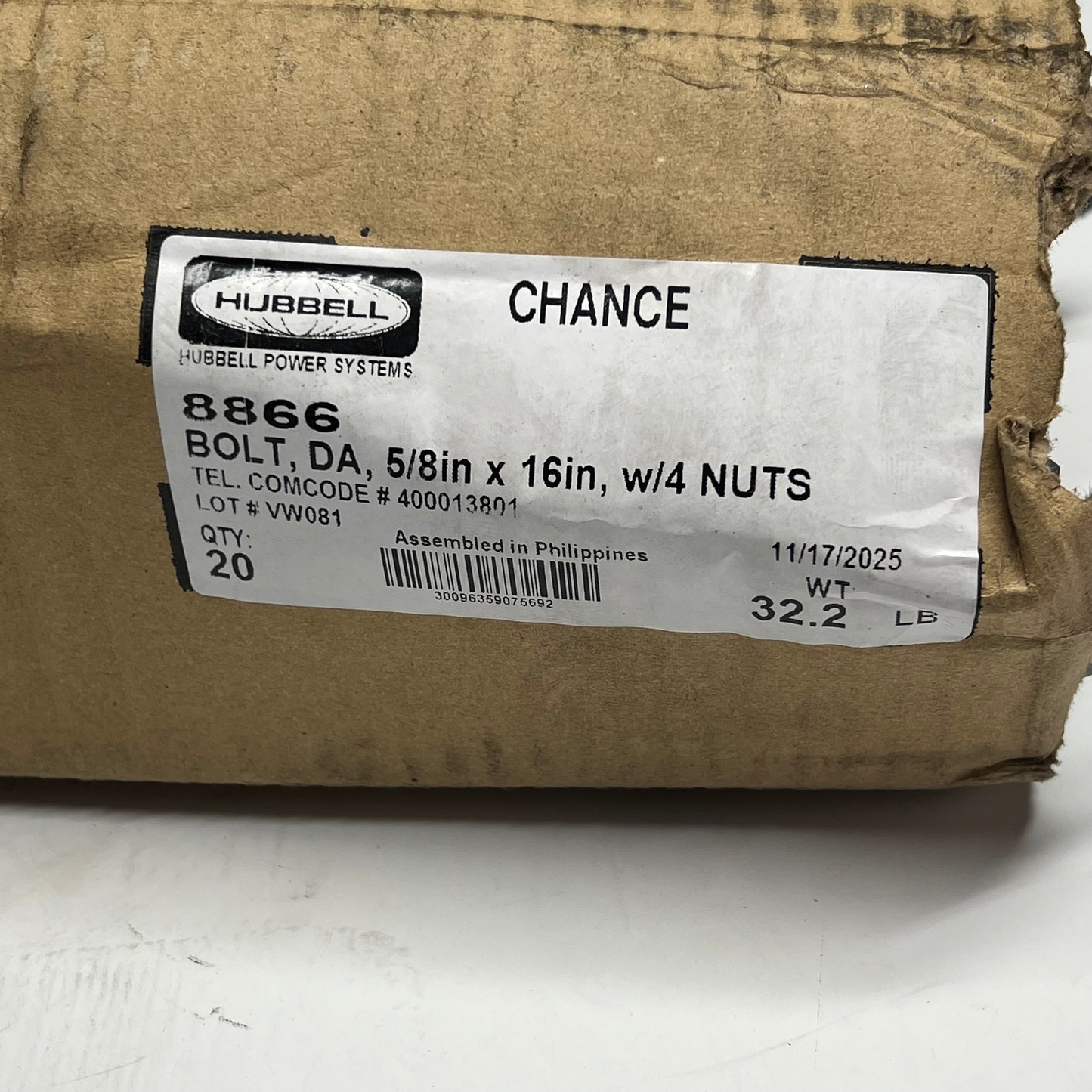 HUBBELL (20 PACK) Double Arming (da) Bolts W/ 4 Nuts Galvanized 5/8"x16" 8866