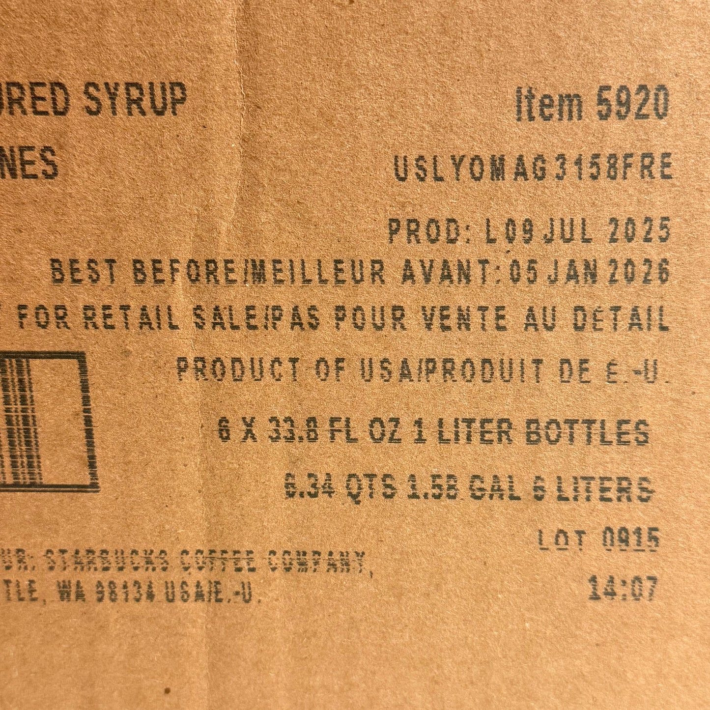 ZA@ STARBUCKS (6 PACK) Fontana Pecan Flavoured Syrup 33.8 fl oz/bottle BB 01/26