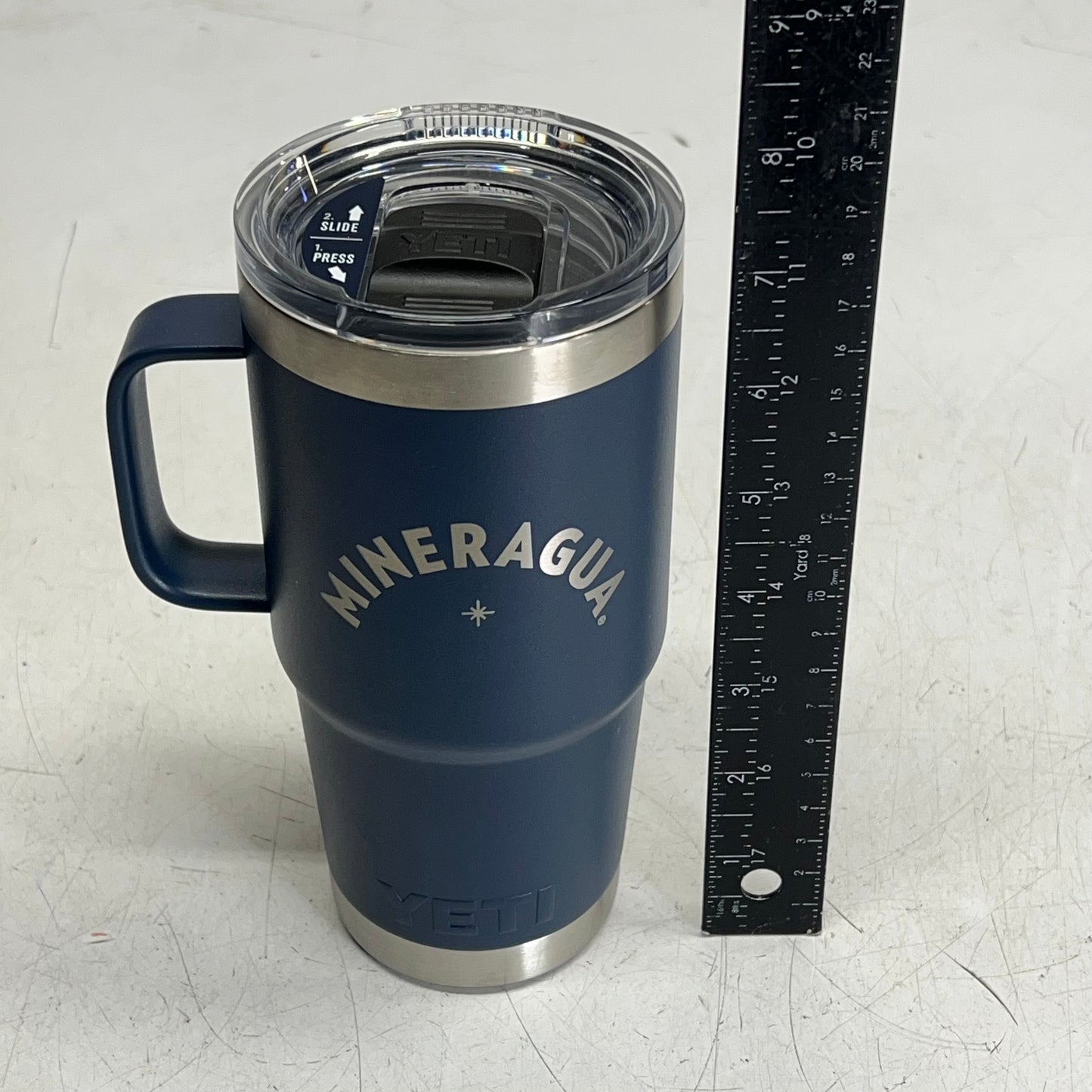 YETI Rambler Double Wall Travel Mug Etched Mineragua 20oz Navy Blue 4010