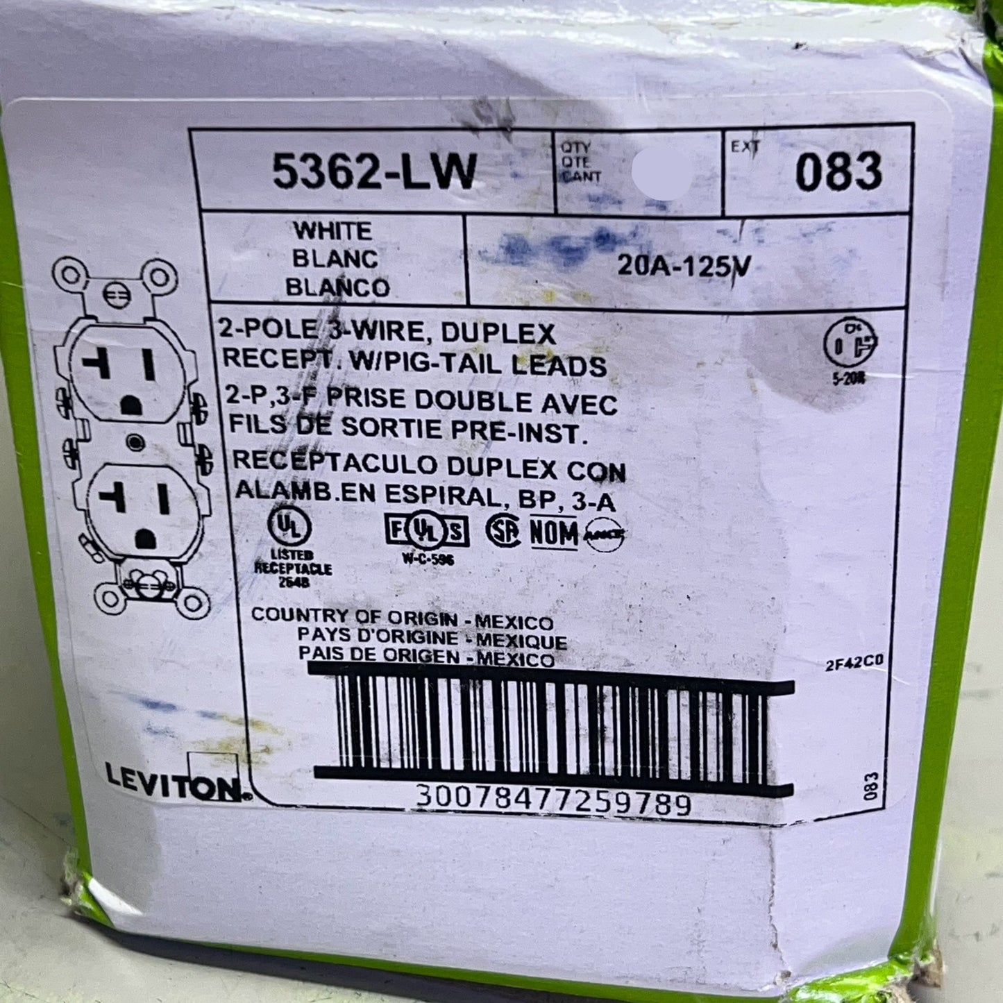 LEVITON (2 PACK) Duplex Receptacle/Outlet Industrial Grade 20 Amp White 5362-LW