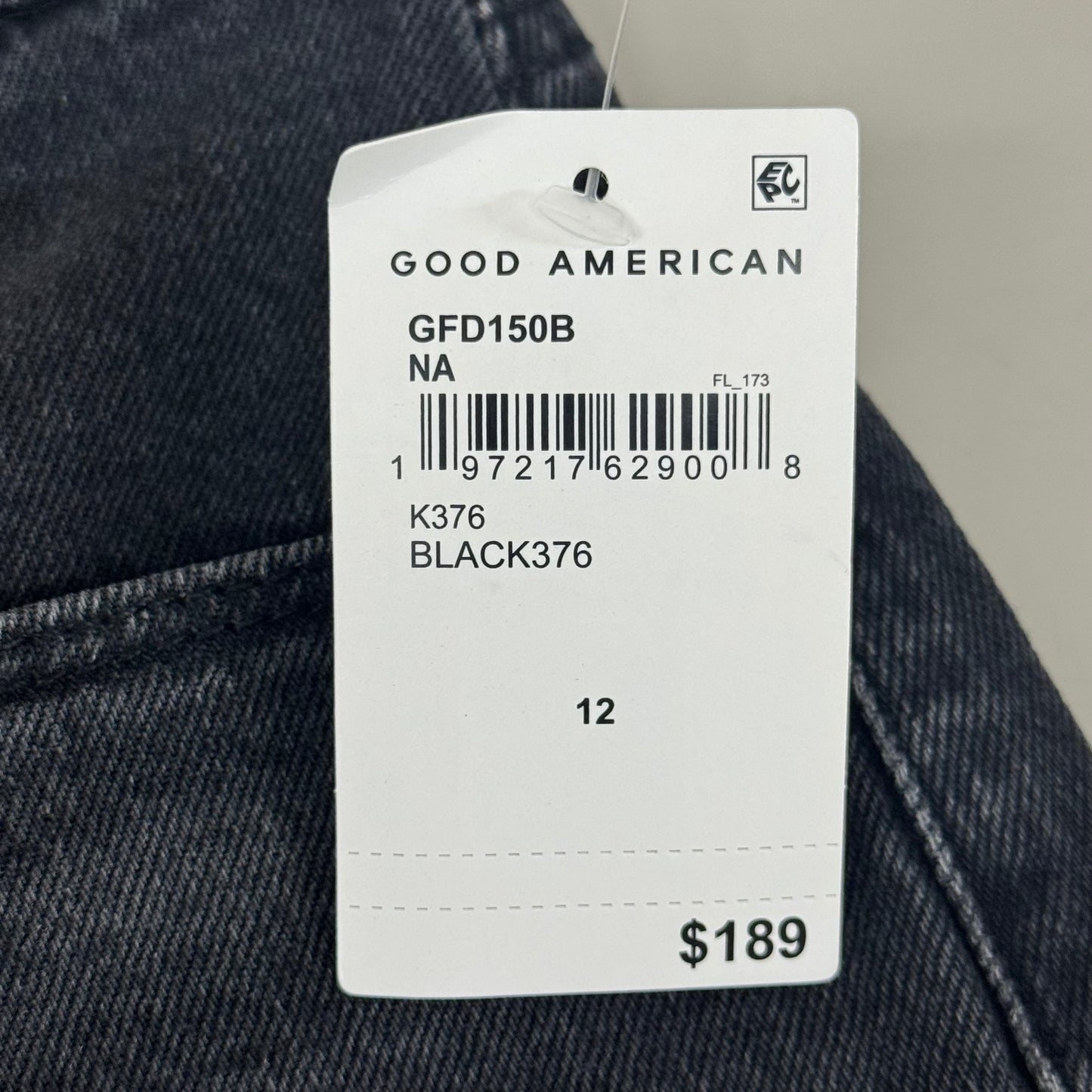 GOOD AMERICAN Good Icon Straight Jeans Women's Sz 12 Black376 GDS150B