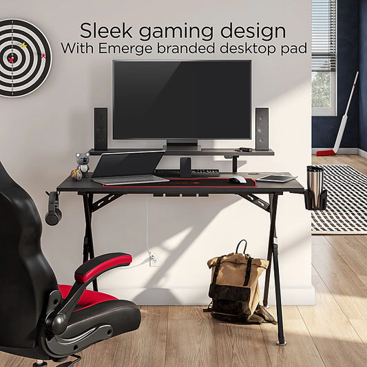 EMERGE Vizon Gaming Desk-computer Table with Headphone Hook, Cup Holder & Gaming Mouse Pad Sz 35"H x 47.2-54.3"W x 26.6"D - Black 59260