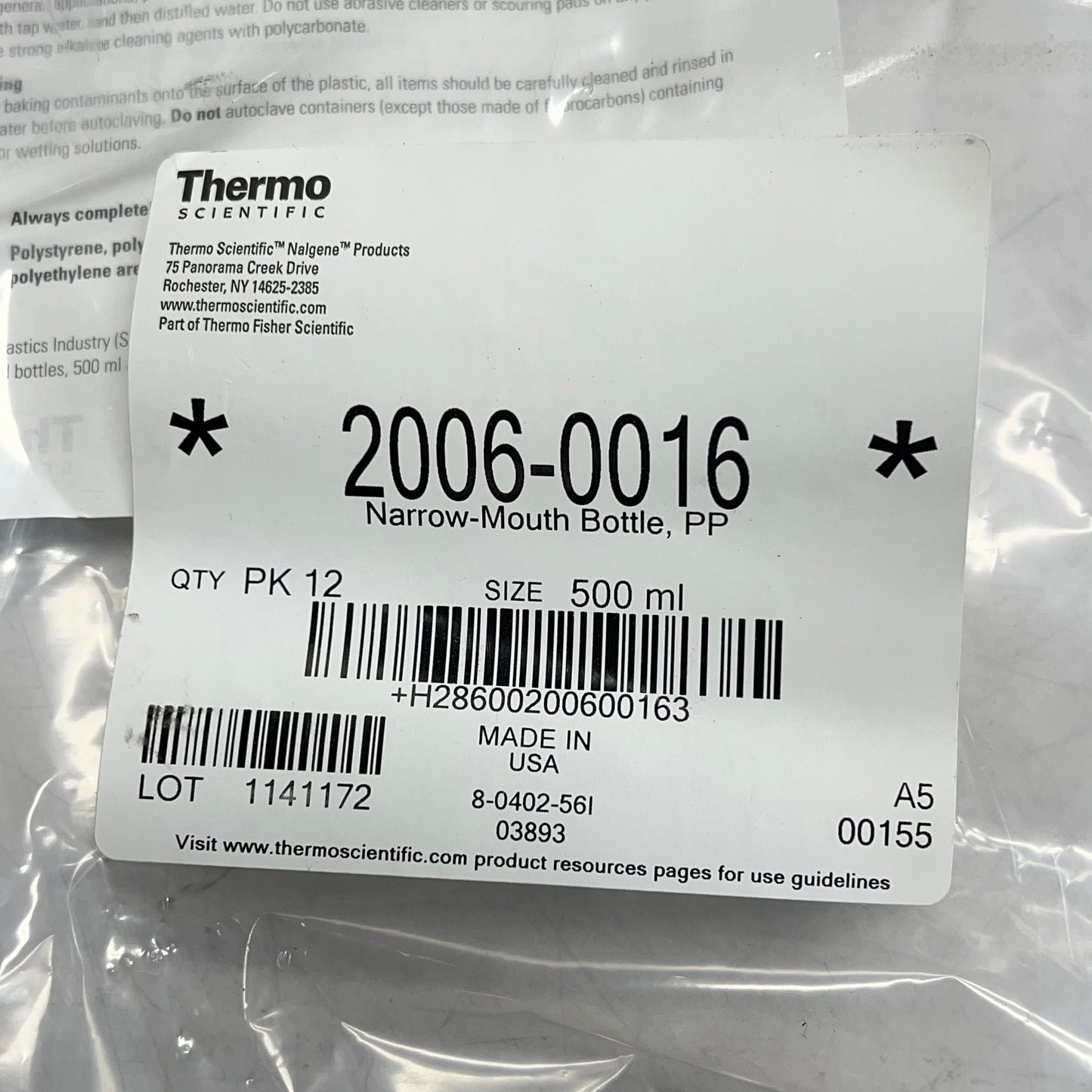 THERMO SCIENTIFIC (12 PACK) Nalgene Narrow Mouth Sample Bottle 500 mL 2006-0016