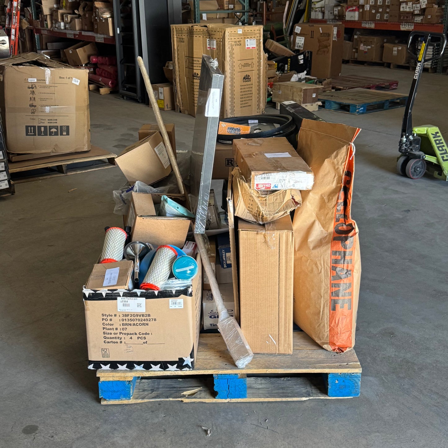 ZA@ Pallet of MIXED Art Printed Wall Frame, Air Filters, Shelf Support, Cups, T-Shirt, Dog Treats, Etc... (AS-IS)