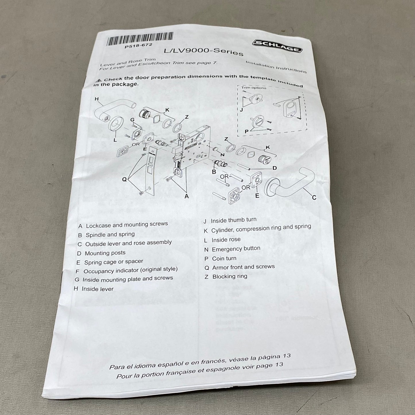 SCHLAGE L Series Trim Pack Door Handle 06N Lever Satin Chrome 09-449.06.626.00N