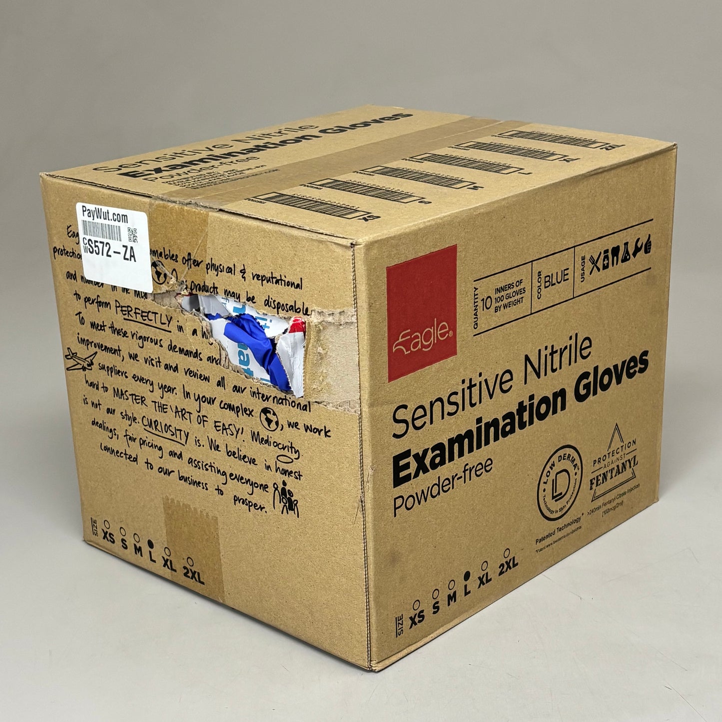 ZA@ EAGLE (10 BOXES, 100 GLOVES EACH) Sensitive Nitrile Examination Gloves Sz L Blue As-is