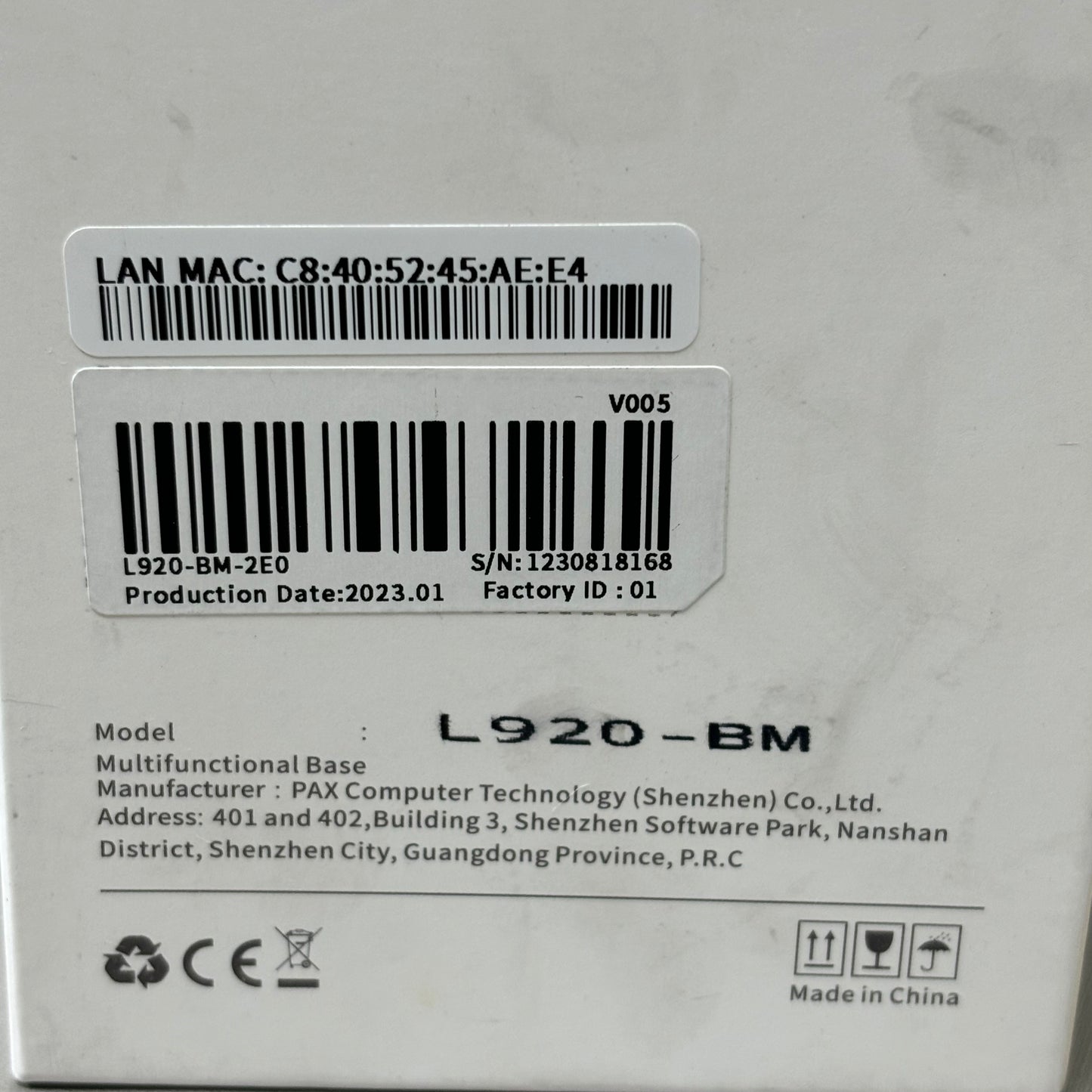 PAX Efficient Charging Dock w/ Ethernet & USB 920 Android Terminal White L920-BM