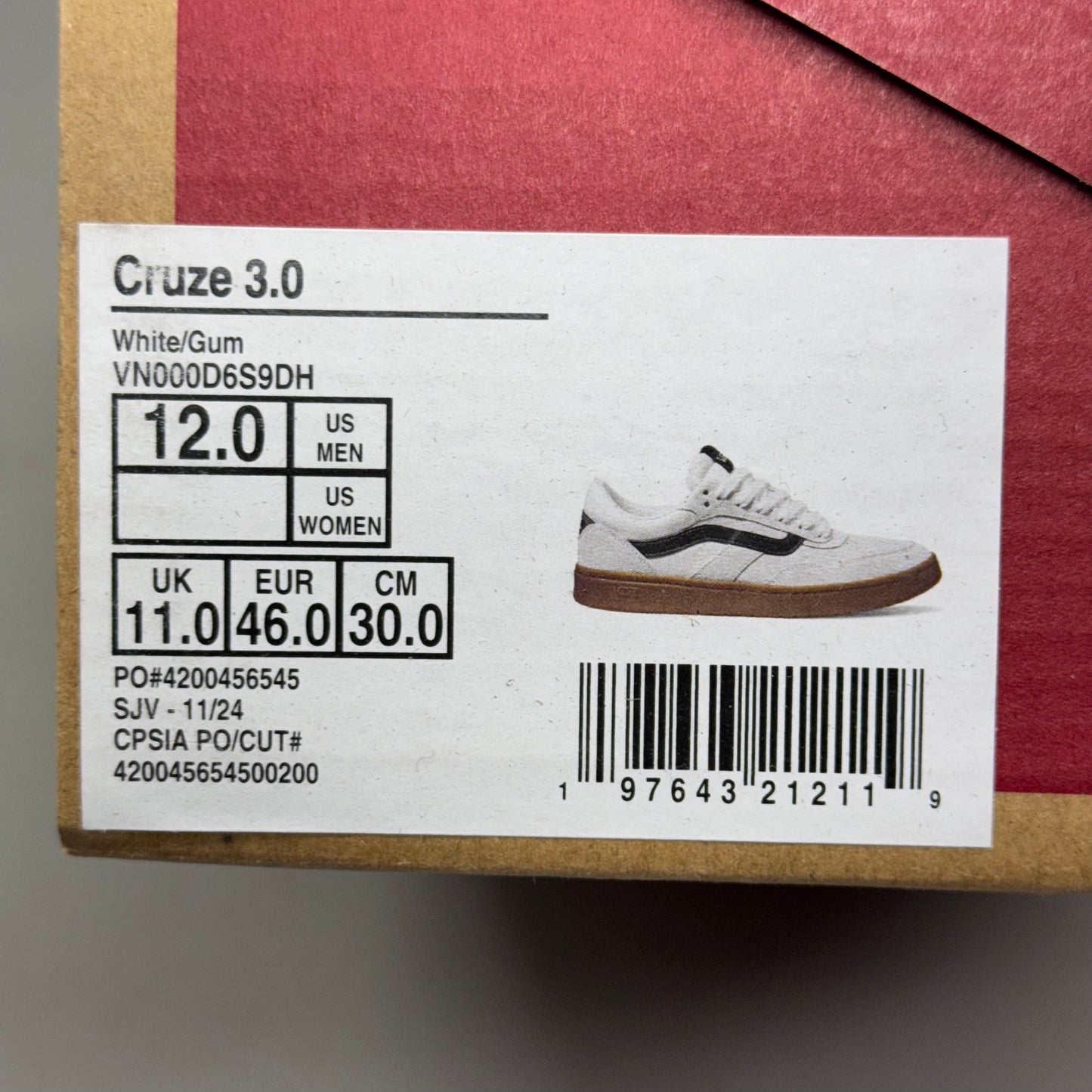 VANS Cruze 3.0 Sneakers Sz Men's 12.0 White/Gum VN000D6S9DH