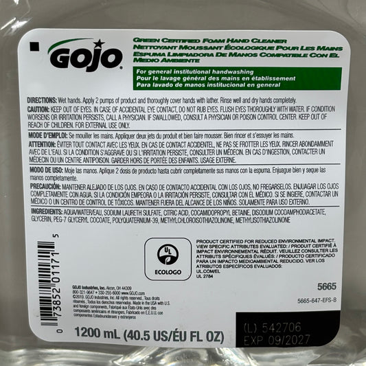 GOJO (2 PACK, 1200 ML EACH) Green Certified Foam Hand Cleaner Clear 5665-02