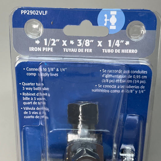 PLUMB PAK Quarter Turn 3 Way Ball Valve 1/2" x 3/8" x 1/4" Silver PP2902VLF