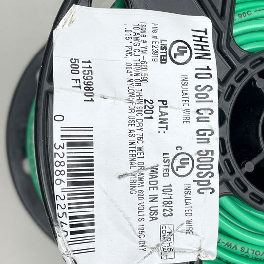 SOUTHWIRE Building Insulated Wire THHN 10 SOL Cu Green 500' 11599801
