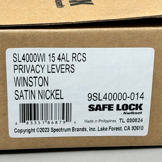KWIKSET Safe Lock Winston Privacy Levers Satin Nickel SL4000WI 9SL40000-014