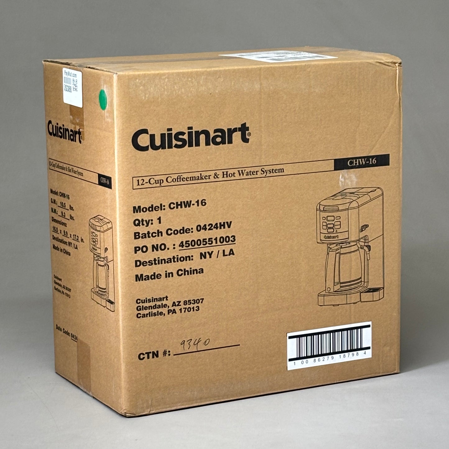 CUISINART Programable Coffee Plus Coffee Maker & Hot Water System 12 Cup CHW-16