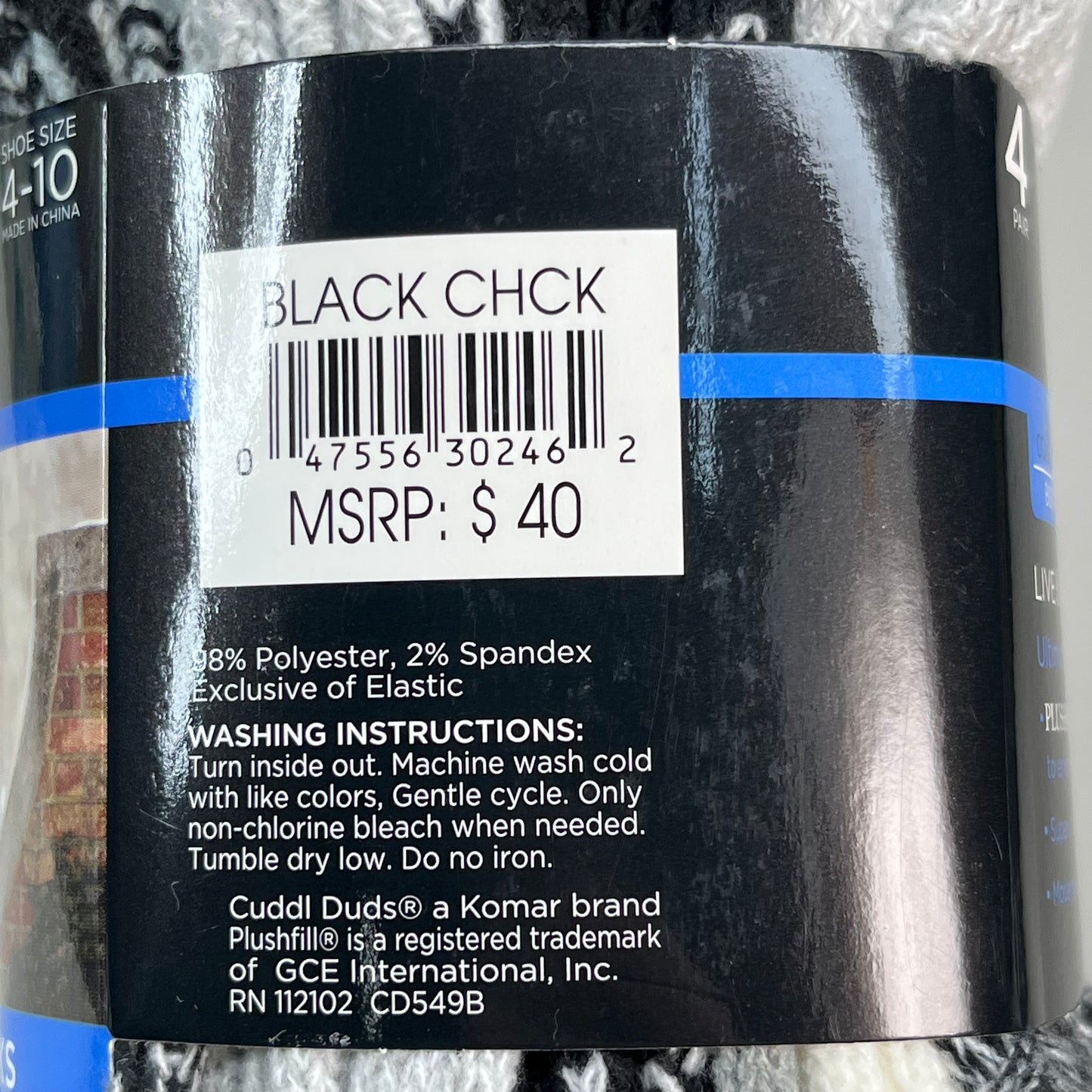 CUDDLE DUDS Soft Boot Crew Socks Plushfill 4 Pair Sz 4-10 Black Check (New)