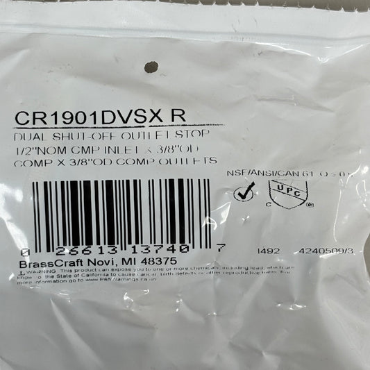 BRASSCRAFT Dual Shut Off Outlet Stop 1/2" NOm CMP In X 3/8" OD COMP CR1901DVSXR