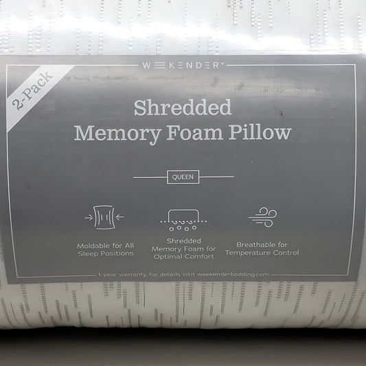 WEEKENDER Shredded Memory Foam Pillow 2pk Breathable Moldable Sz Queen