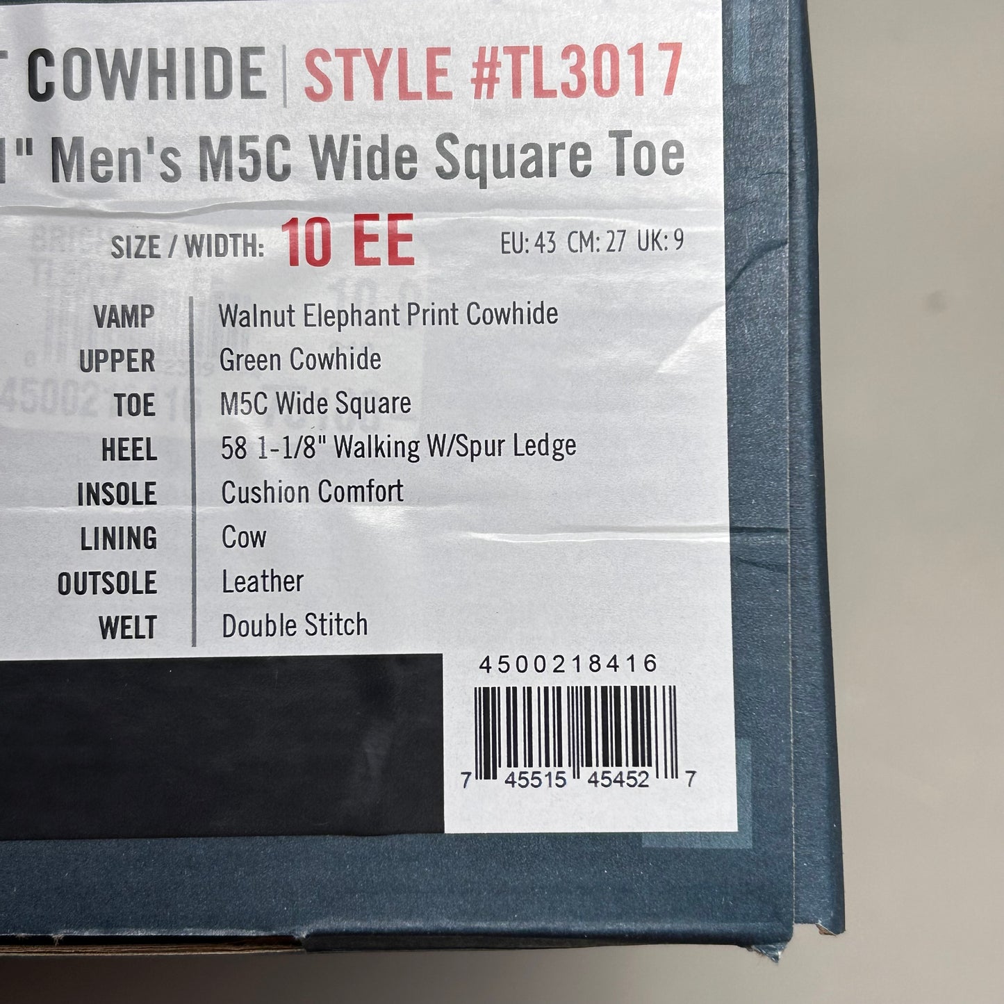 Tony Lama Tapadera Walnut Elephant Print Cowhide Style #TL317 Men's Size 10 EE