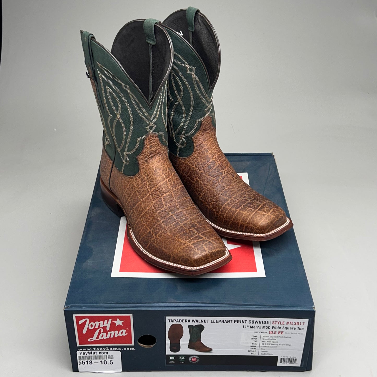 Tony Lama Tapadera Walnut Elephant Print Cowhide Style #TL317 Men's Size 10.5 EE