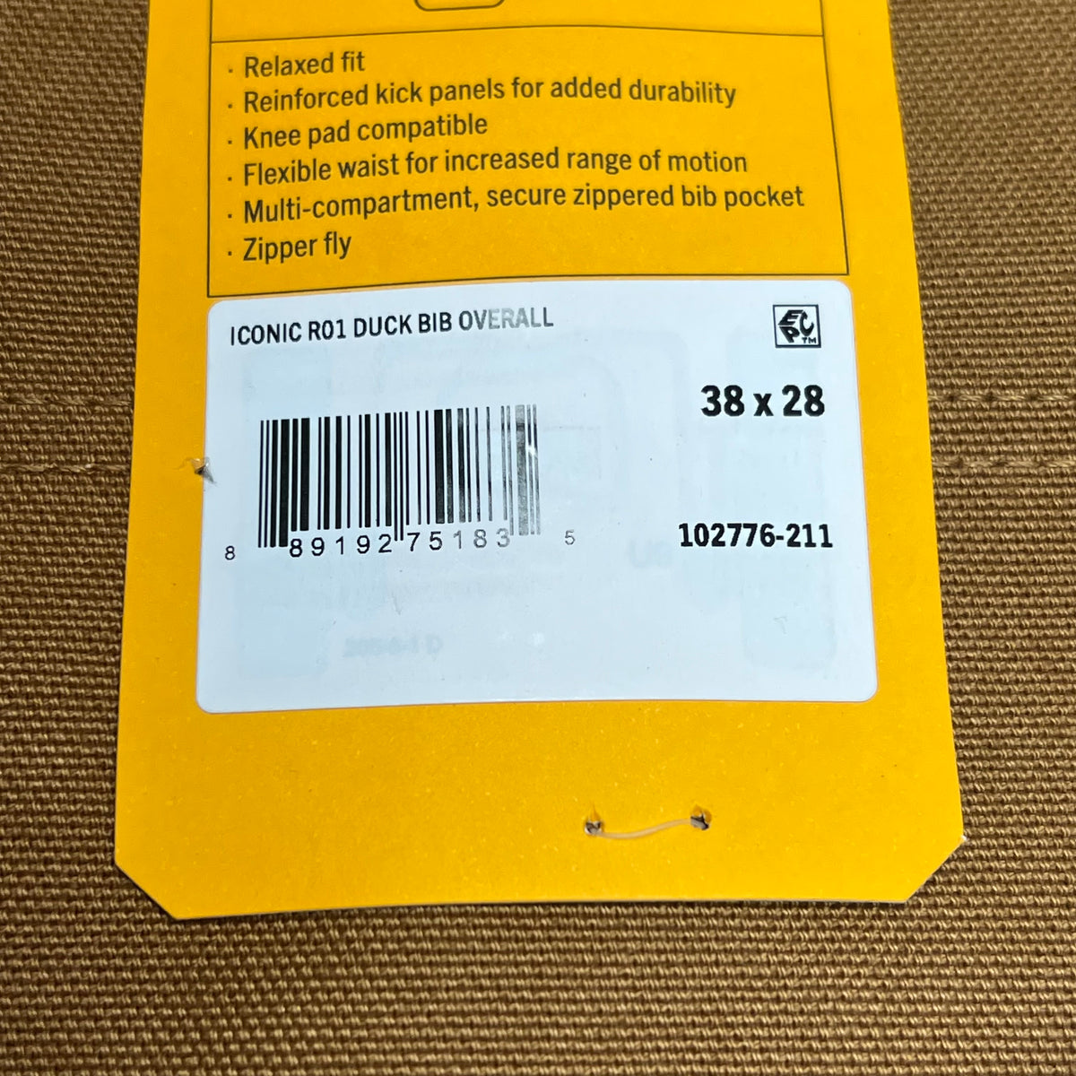 CARHARTT Iconic R01 Duck Bib Overall Men's Sz 38x28 Carhartt Brown 102776