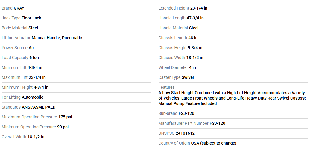 GRAY Trolley Air/Hydraulic Floor Jack FSJ-120 12000 Capacity (New Other)